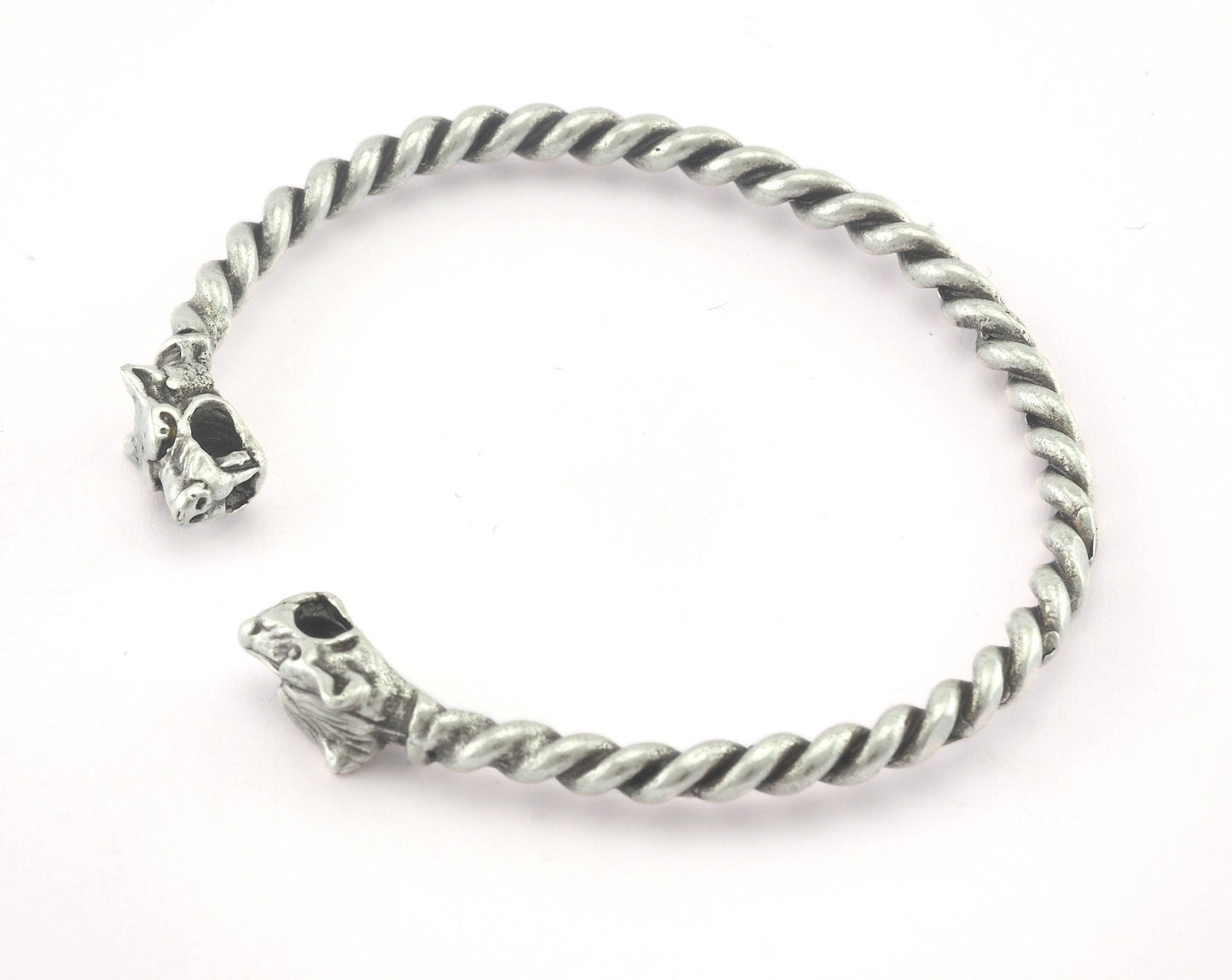 Dog Head Bracelet Swirl Adjustable Antique Silver Plated Brass (64mm inner size - Adjustable ) with hole OZ3160