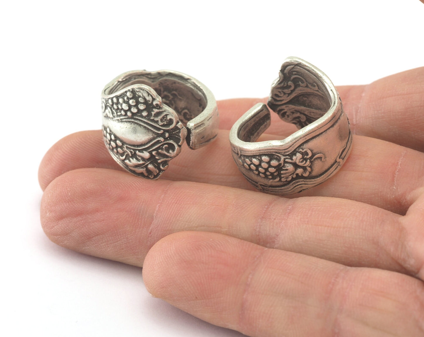 Spoon Ring Flower Patterned Adjustable Ring Antique Silver Plated Brass (17.5mm 7US inner size) OZ2683