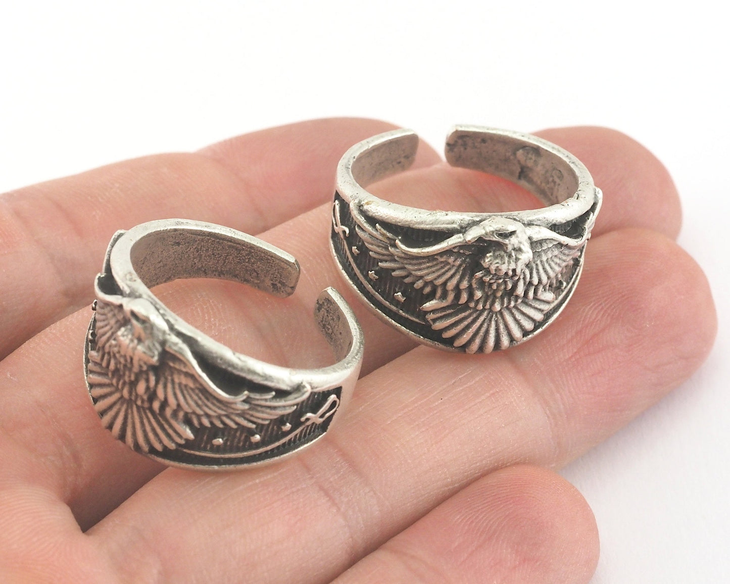 Signet Ring Eagle Logo Adjustable Ring Antique Silver Plated Brass (20.7mm 11US inner size) OZ3825