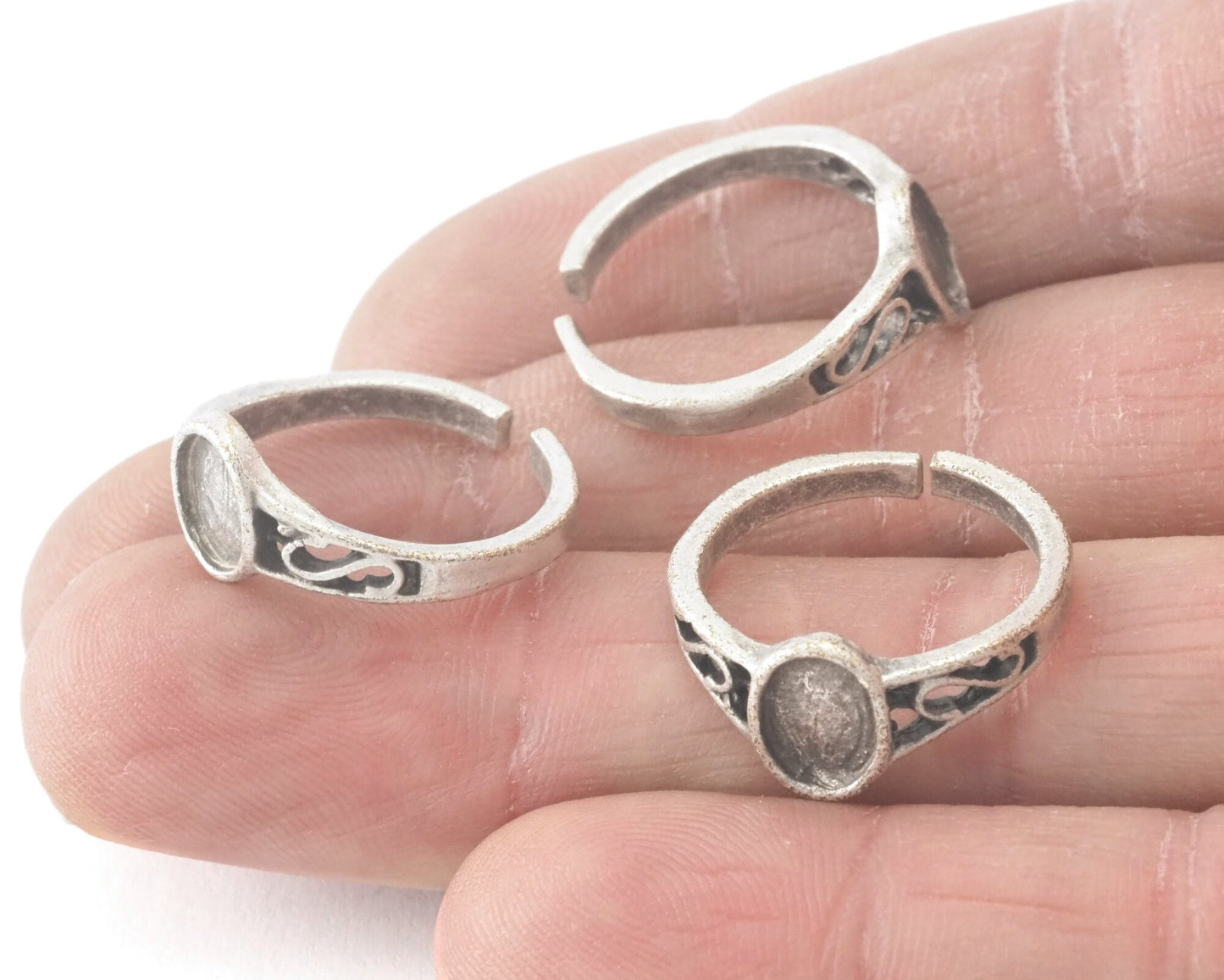 Ring Adjustable Antique Silver Plated Brass with 5x7mm base setting 5-7US 2235