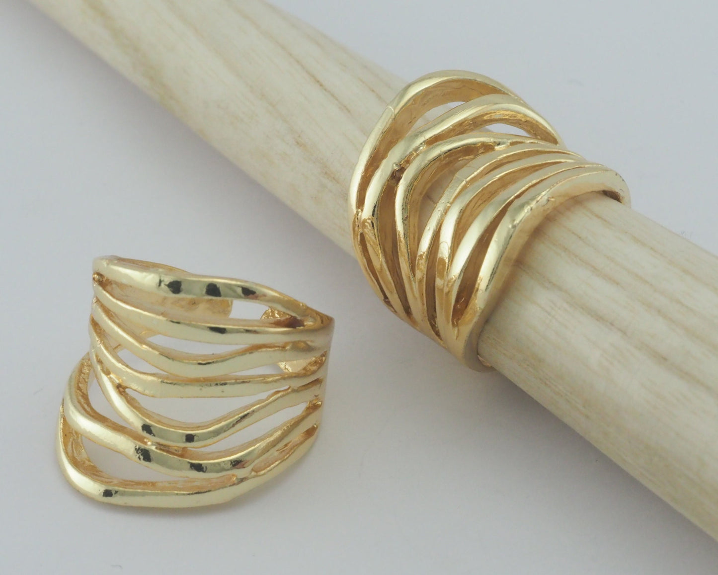 Stripes Organic Ring Adjustable Shiny Gold Plated brass (18mm 8US inner size) OZ2067 22mm