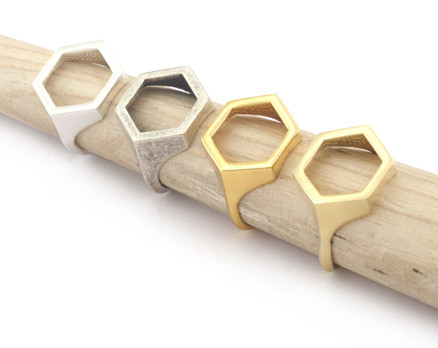 Signet Open Hexagonal Ring Adjustable Raw brass Antique silver, Shiny silver ,Shiny gold plated (18mm 8US inner size) 4198