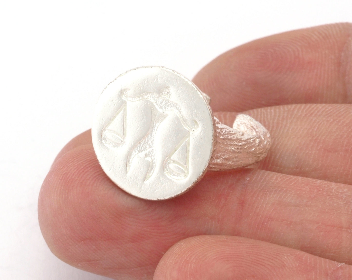 Libra Ring Scales Horoscope Bark Textured Band Round Ring Adjustable Ring Shiny silver plated brass (5 - 8.5US inner size) OZ4870