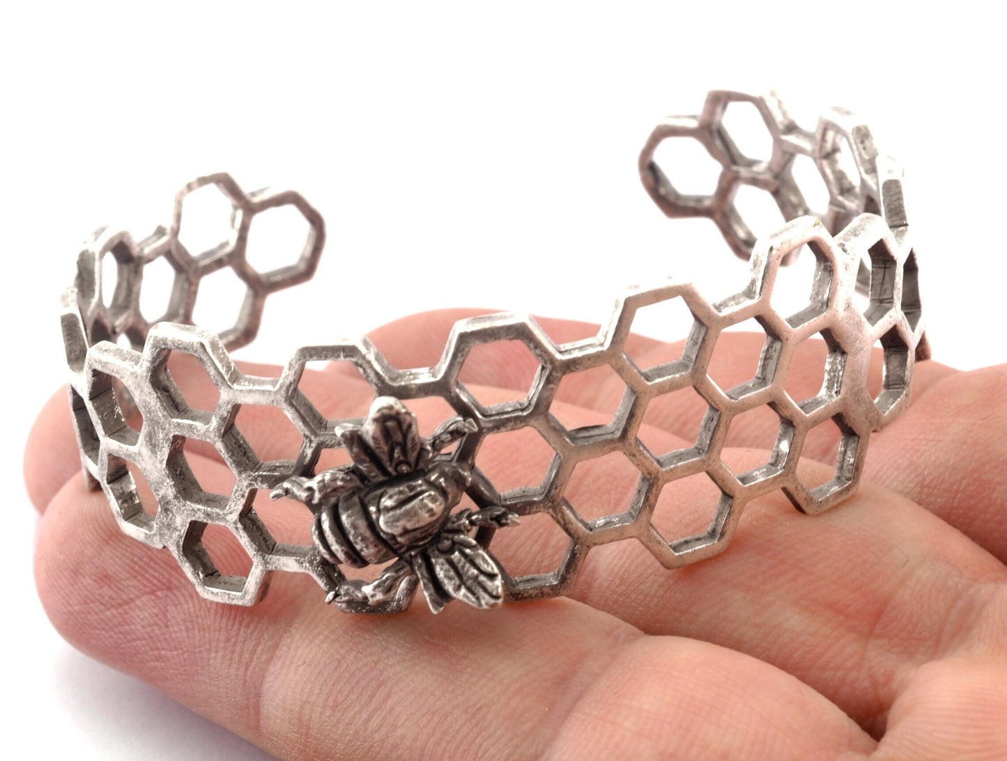 Bee Honey Comb Bracelet Cuff Antique Silver (Nickel Lead Free plated ) brass (55mm inner size ) 4896