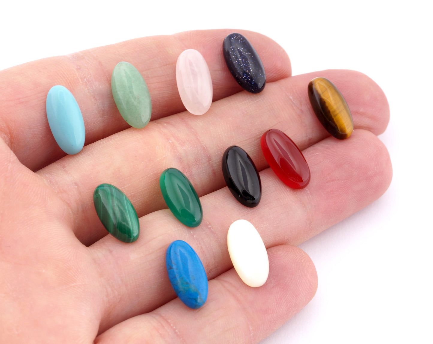 Natural 7x14 Cabochon Onyx, Mother of Pearl, Agate, Synthetic Turquoise, Howlite, Tiger's Eye, cabochon 7x14mm CAB3 - no hole