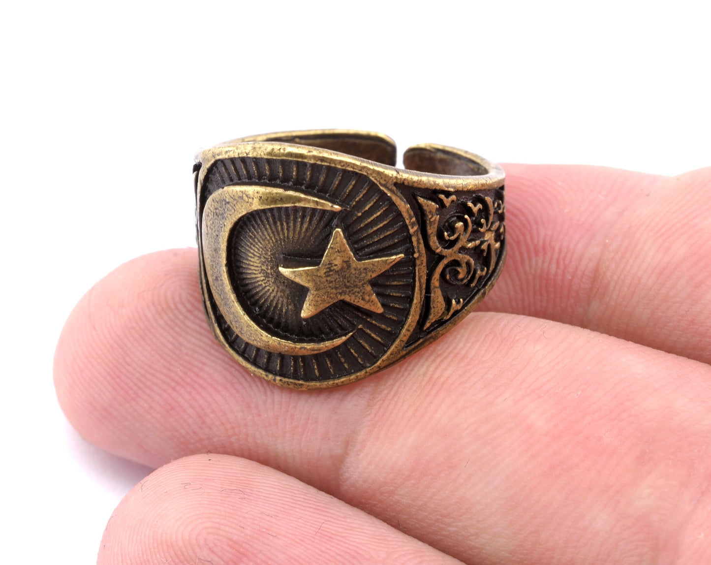 Signet Ring Crescent Star Adjustable Ring Antique Brass Plated brass (20mm 10US inner size) OZ3827