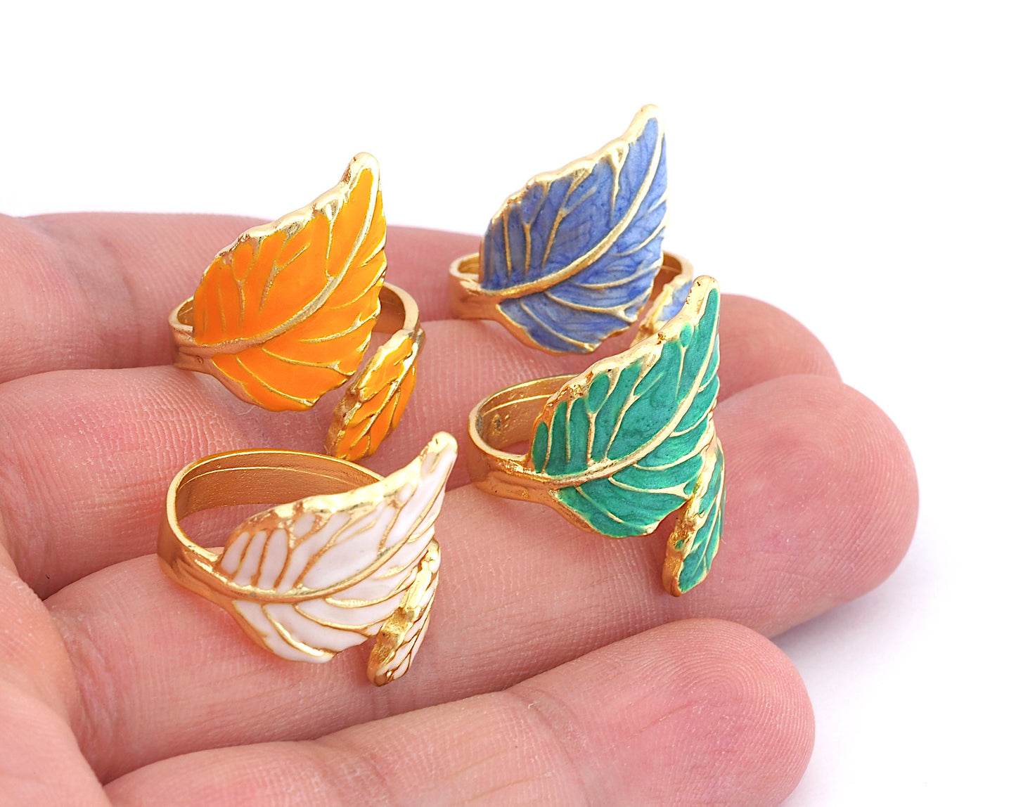 Leaf Ring Adjustable Ring Enamel Filled - Shiny Gold plated brass (17.5mm 7US inner size) OZ765