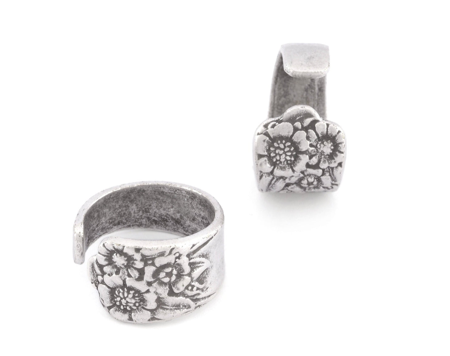 Spoon Ring Flower Patterned Adjustable Ring Antique Silver Plated Brass (18mm 8US inner size - Adjustable ) OZ2543
