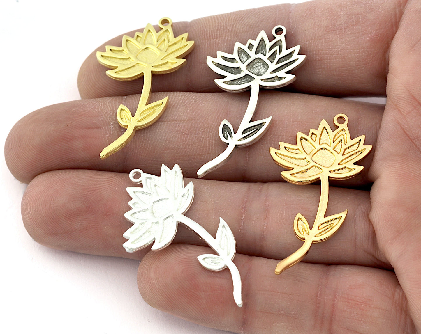 Birth Monthly Flower (July Water Lily) Charms Pendant Raw Solid Brass , Antique silver, Shiny silver, Shiny gold plated 37x21mm 5263