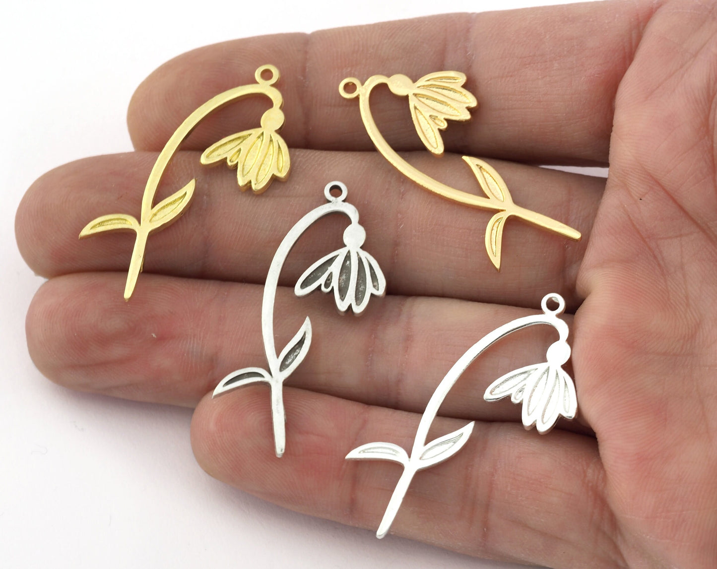 Birth Monthly Flower (January Snowdrop) Charms Pendant Raw Solid Brass , Antique silver, Shiny silver, Shiny gold plated 38x25mm 5264