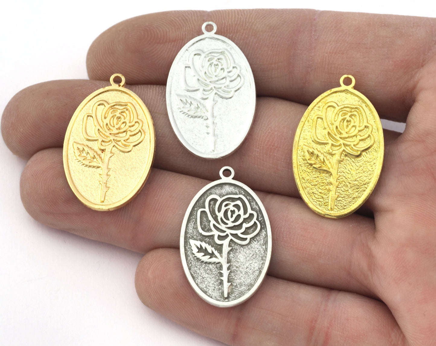 Birth Monthly Flower (June Rose) Oval Charms Pendant Raw Solid Brass , Antique silver, Shiny silver, Shiny gold plated 29x18mm 5275