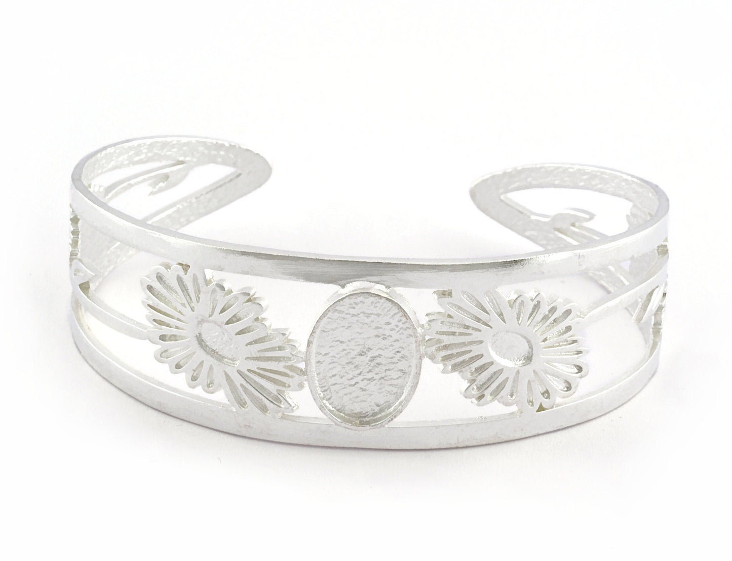 Oval Blank Flower Bracelet Monthly Flower (April Daisy) Base Setting Blank Bezel Shiny Silver Plated Brass (10x14mm Blank ) 2874
