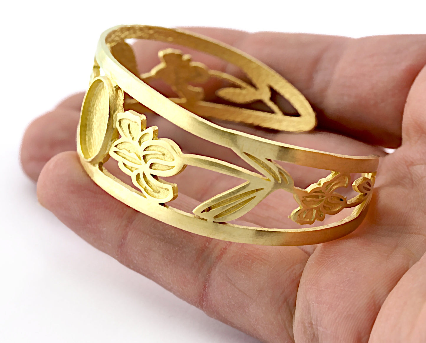 Oval Blank Flower Bracelet Monthly Flower (February Iris) Base Setting Blank Bezel Raw brass (10x14mm Blank ) 3789