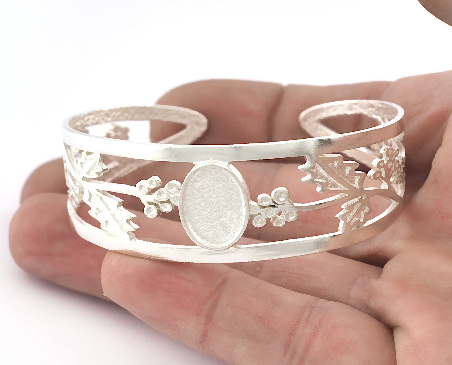 Oval Blank Flower Bracelet Monthly Flower (December Holly) Base Setting Blank Bezel Shiny Silver Plated Brass (10x14mm Blank ) 3646