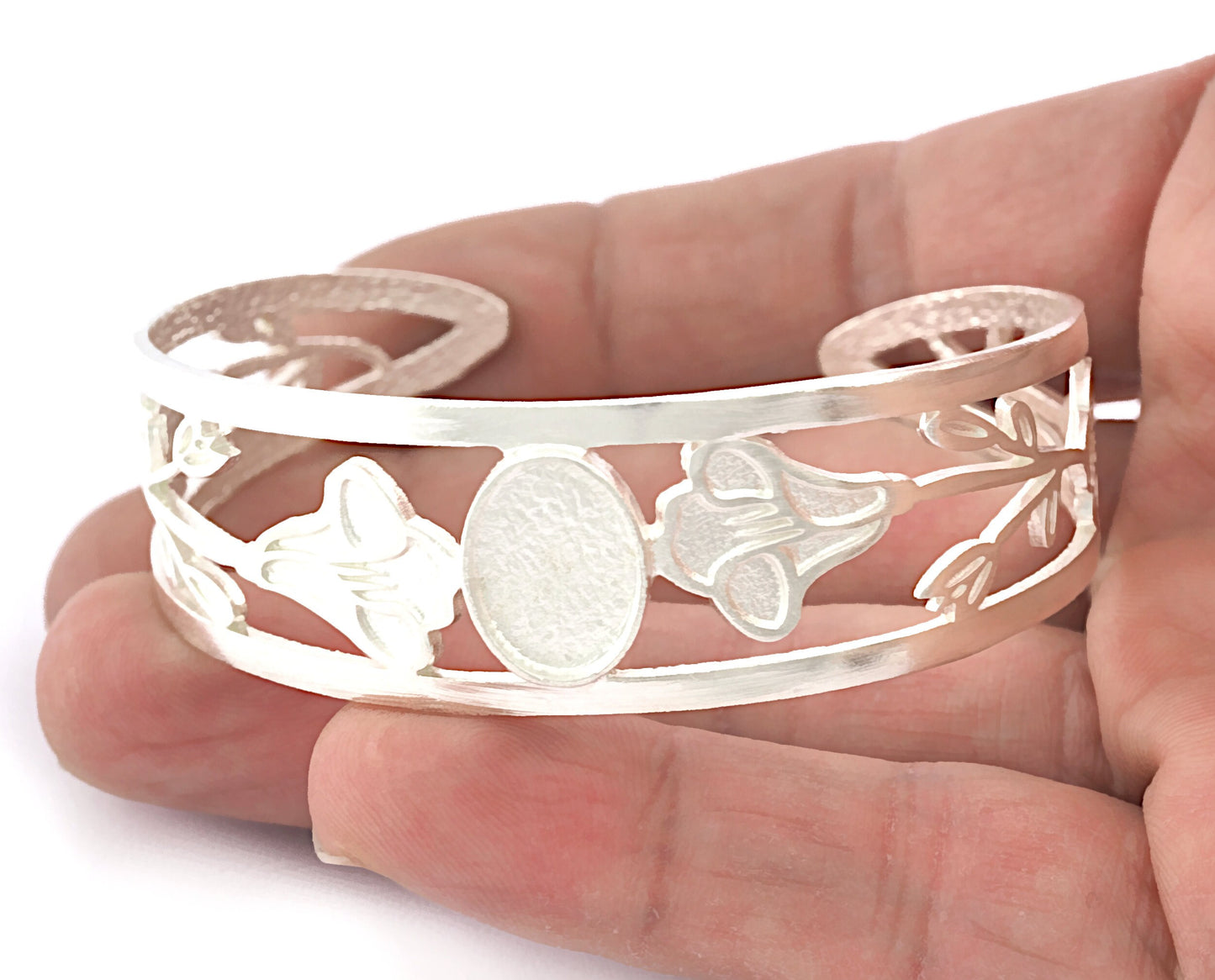 Oval Blank Flower Bracelet Monthly Flower (September Morning Glory) Base Setting Blank Bezel Shiny Silver Plated Brass (10x14mm Blank ) 5162