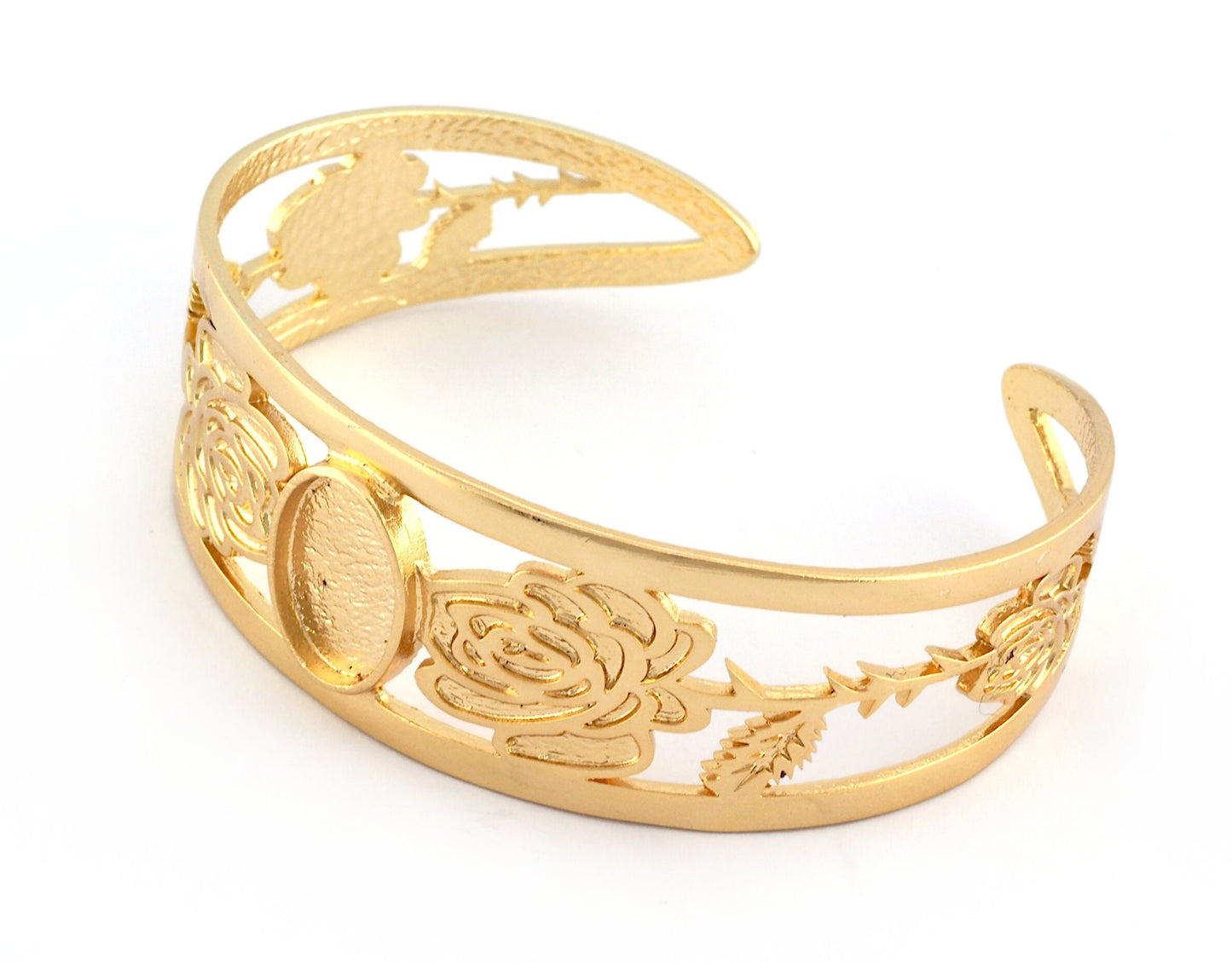 Oval Blank Flower Bracelet Monthly Flower (June Rose) Base Setting Blank Bezel Shiny Gold Plated Brass (10x14mm Blank ) 3049