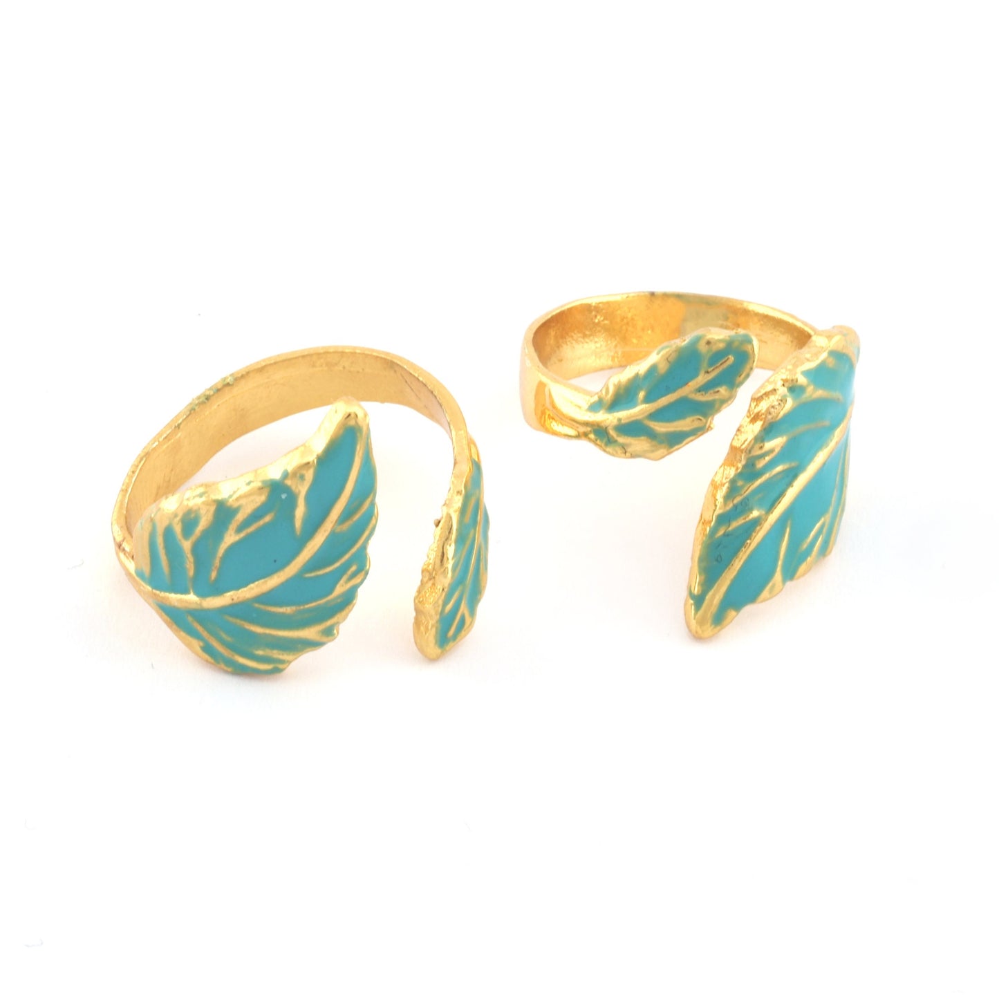 Leaf Ring Adjustable Ring Turquoise Enamel Filled - Shiny Gold plated brass (17.5mm 7US inner size) OZ765