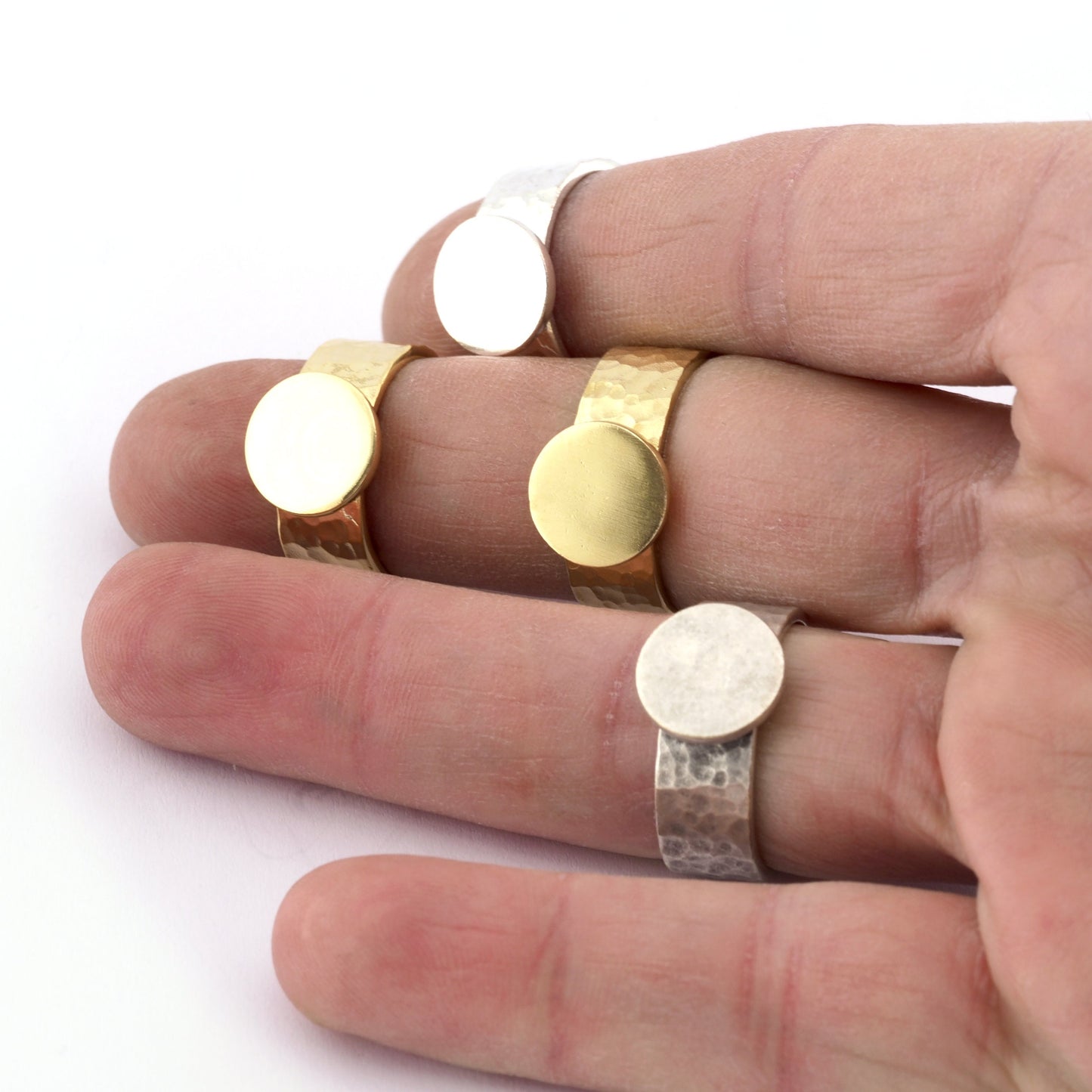 Band Ring Hammered Round Blank Adjustable Raw Brass- Shiny Silver - Antique Silver, Shiny Gold Plated Brass 12mm Blank 5491