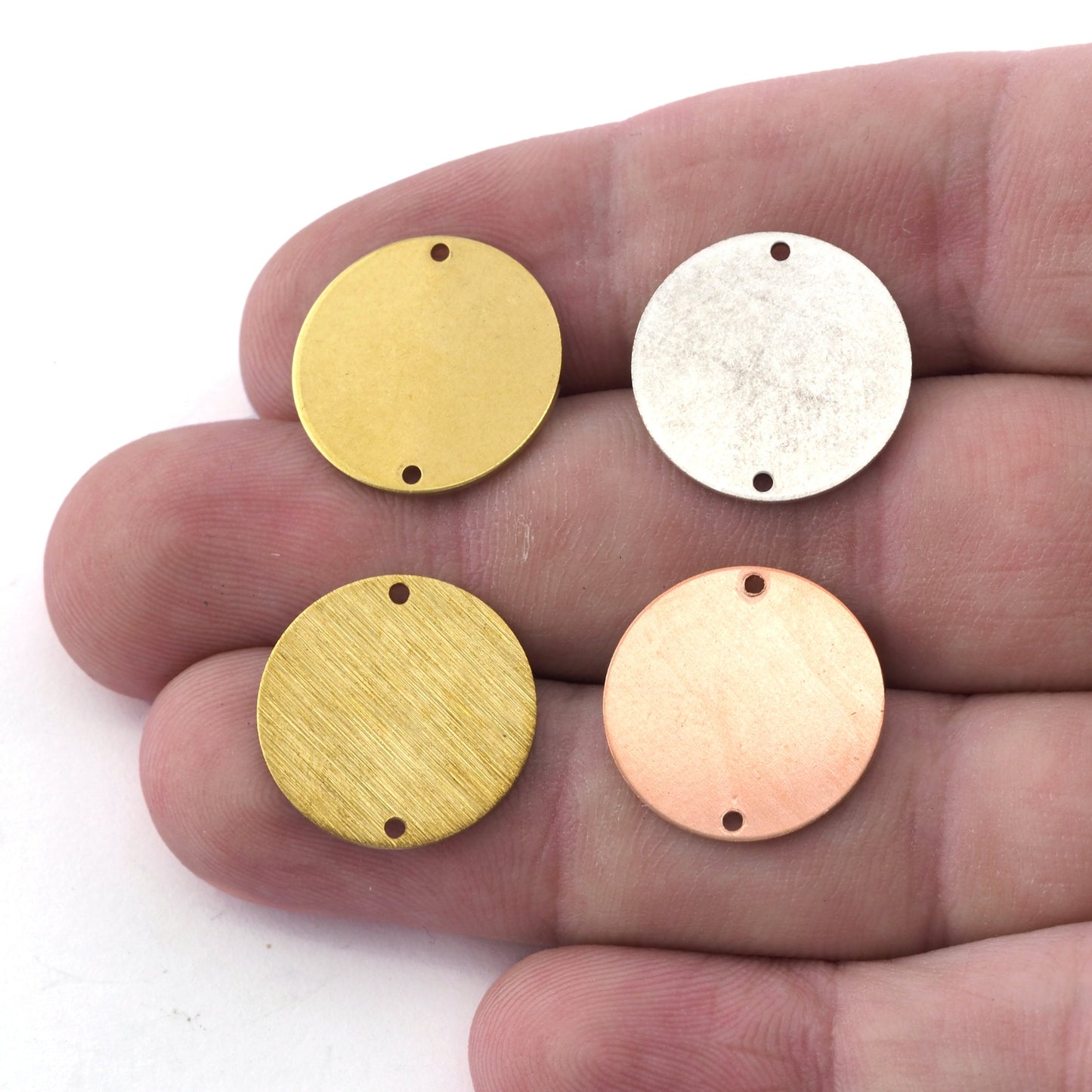 Round 18mm Connector Charms Tag Stamping Blank Raw Brass , Brushed Brass, Copper, Antique Silver 0.8 mm 2 hole Findings 4440