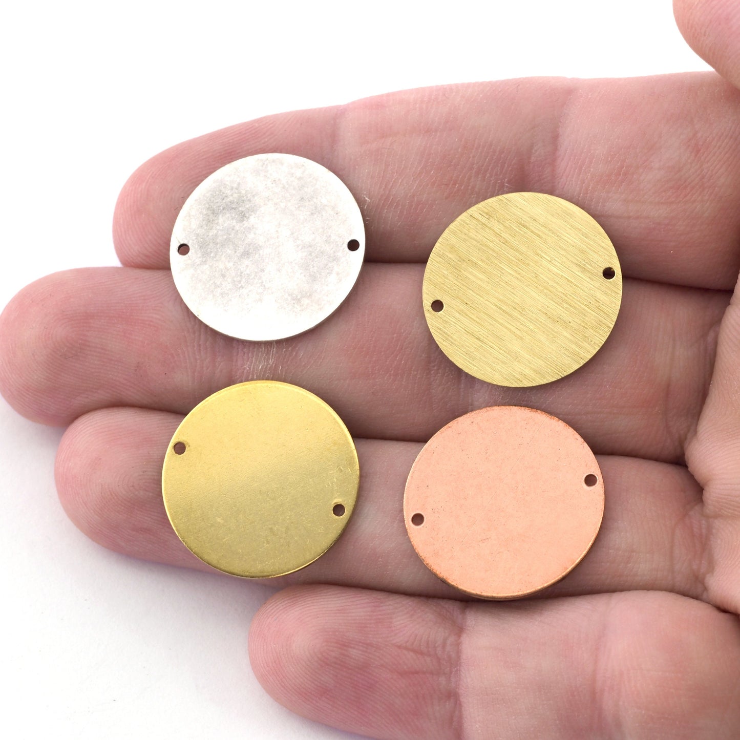 Round 22mm Tag Stamping Antique Silver Plated, Blank Raw, Brushed Brass, Copper, 0.8 mm 2 hole Findings 4442