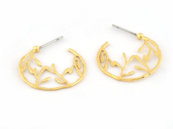 Branch , Leaf Nature Stud Earring Post Shiny Gold Plated Brass 24