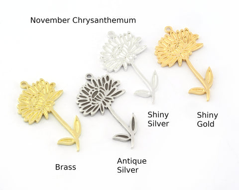 Birth Monthly Flower (November Chrysanthemum) Charms Pendant Raw Solid Brass , Antique silver, Shiny silver, Shiny gold plated 37x20mm 5261