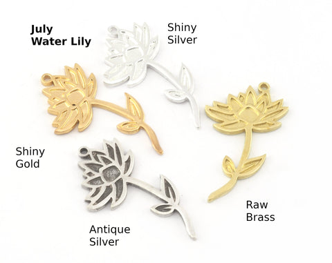 Birth Monthly Flower (July Water Lily)  Charms Pendant Raw Solid Brass , Antique silver, Shiny silver, Shiny gold plated 37x21mm 5263