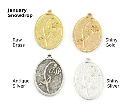 Birth Monthly Flower (January Snowdrop) Oval Charms Pendant Raw Solid Brass , Antique silver, Shiny silver, Shiny gold 29x18mm 5280