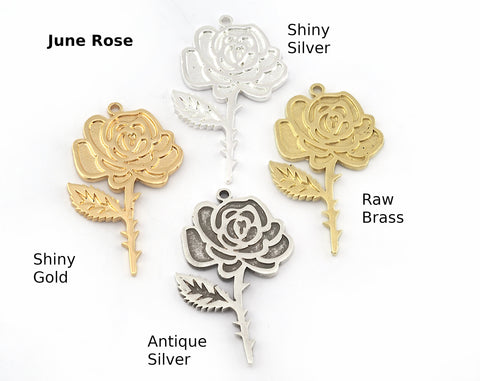 Birth Monthly Flower (June Rose) Charms Pendant Raw Solid Brass , Antique silver, Shiny silver, Shiny gold plated 37x22mm 5262