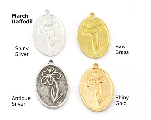 Birth Monthly Flower (March Daffodil) Oval Charms Pendant Raw Solid Brass , Antique silver, Shiny silver, Shiny gold 29x18mm 5277