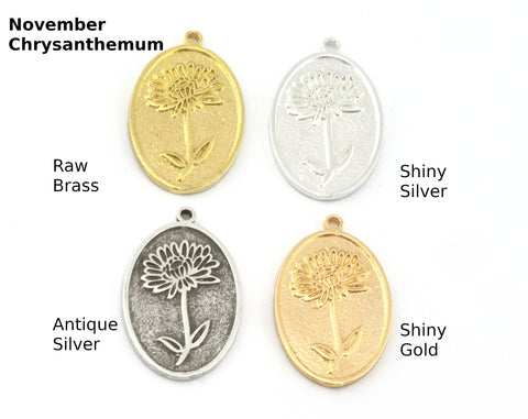 Birth Monthly Flower (November Chrysanthemum) Oval Charms Pendant Raw Solid Brass , Antique silver, Shiny silver, Shiny gold 29x18mm 5278