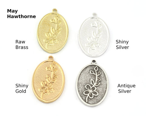 Birth Monthly Flower (May Hawthorne) Oval Charms Pendant Raw Solid Brass , Antique silver, Shiny silver, Shiny gold 29x18mm 5279