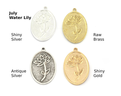 Birth Monthly Flower (July Water Lily) Oval Charms Pendant Raw Solid Brass , Antique silver, Shiny silver, Shiny gold 29x18mm 5281