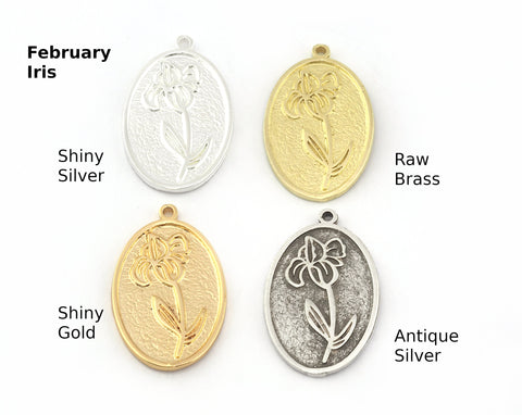 Birth Monthly Flower (February Iris) Oval Charms Pendant Raw Solid Brass , Antique silver, Shiny silver, Shiny gold 29x18mm 5285