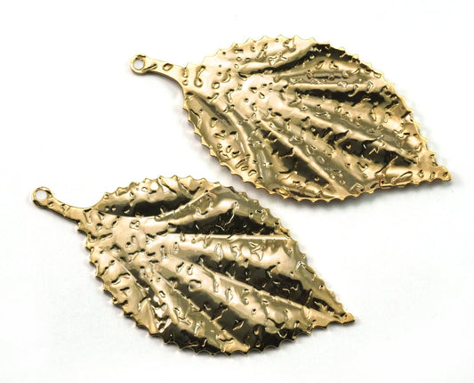 leaf shape textured Gold plated brass 59x30mm (0.9mm thickness) 1 Loop (1.83mm hole) finding charm necklace pendant 2098-690