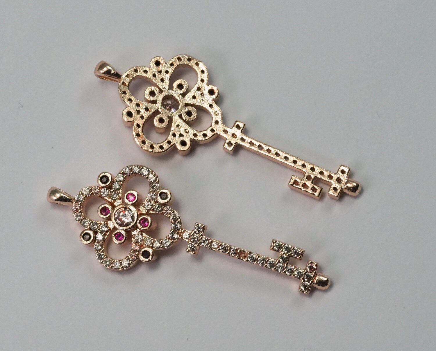 Micro Pave Key shape pendant one loop Rose Gold plated Brass with crystals 2142