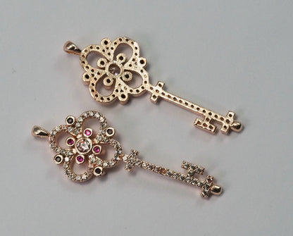 Micro Pave Key shape pendant one loop Rose Gold plated Brass with crystals 2142