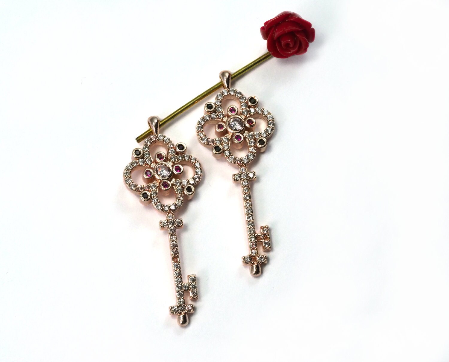 Micro Pave Key shape pendant one loop Rose Gold plated Brass with crystals 2142
