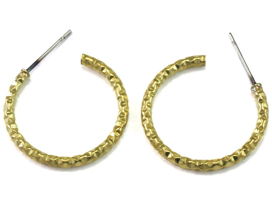 Hoop Earrings Stud, Raw brass , textured 25mm 