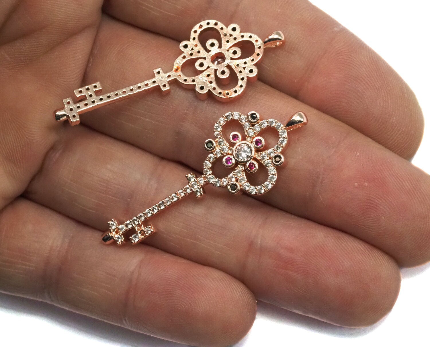 Micro Pave Key shape pendant one loop Rose Gold plated Brass with crystals 2142
