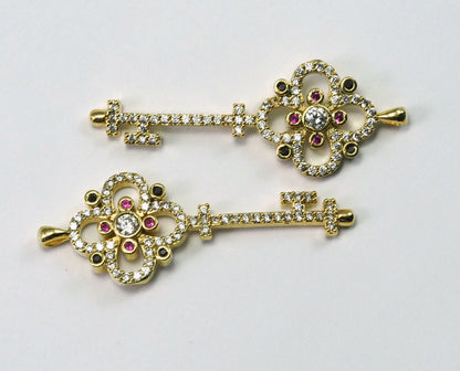 Micro Pave Key shape pendant one loop Gold plated Brass with crystals 2142