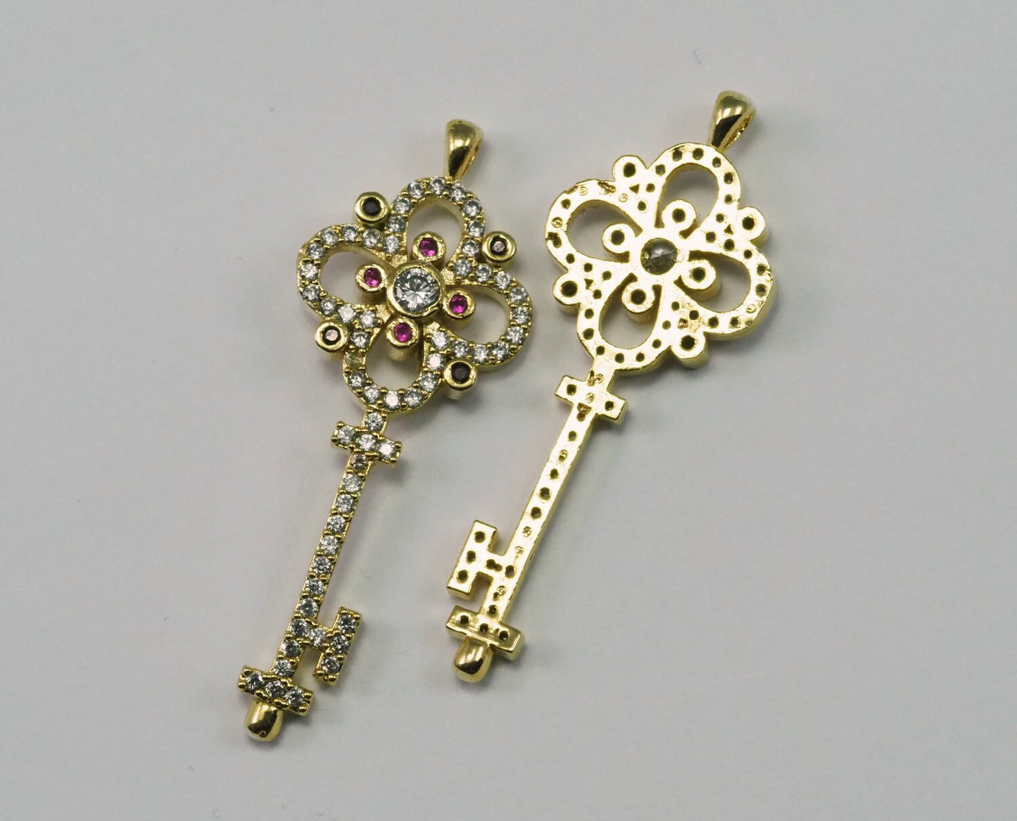 Micro Pave Key shape pendant one loop Gold plated Brass with crystals 2142