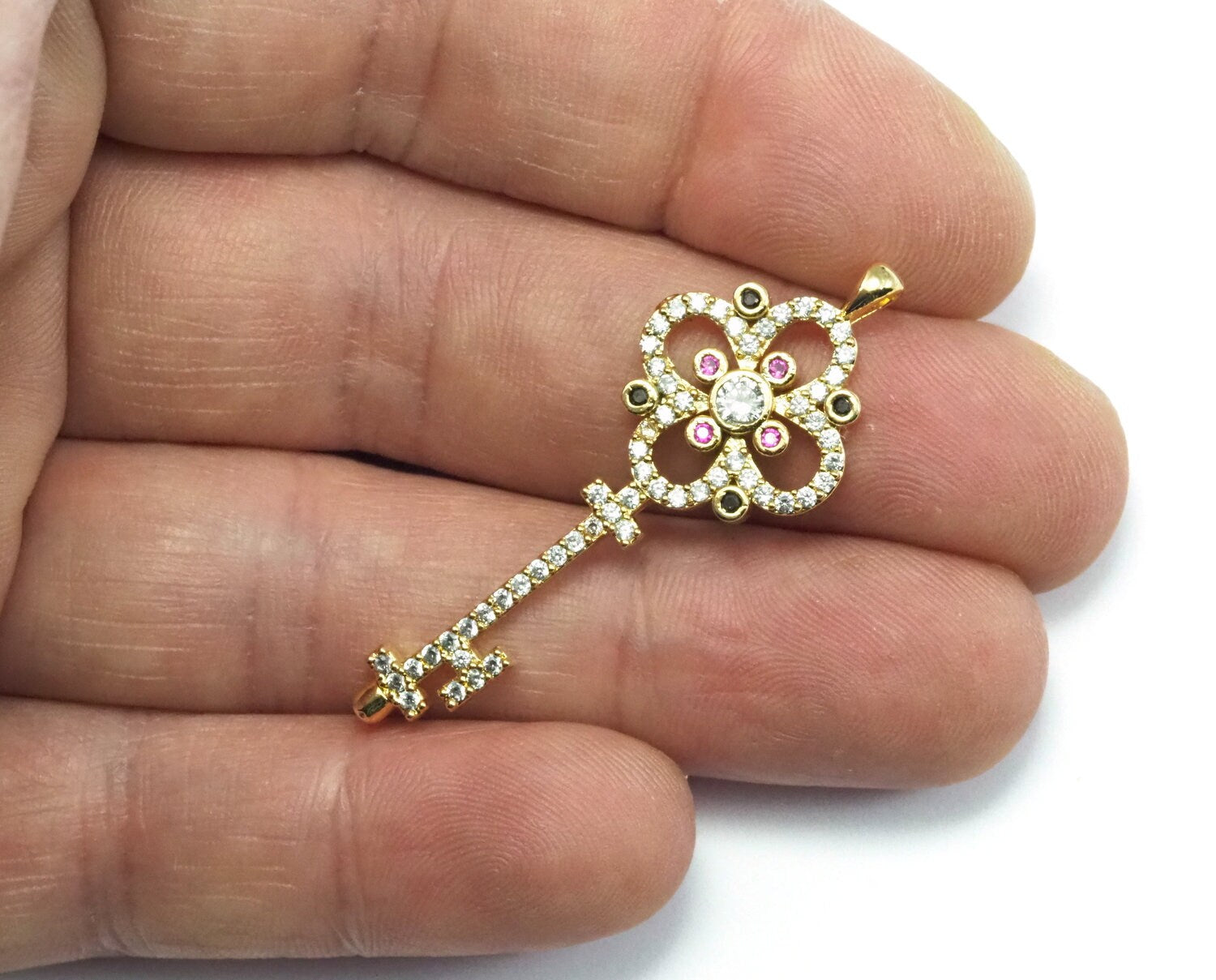 Micro Pave Key shape pendant one loop Gold plated Brass with crystals 2142