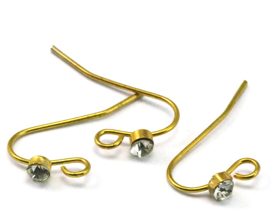 Fish Hook Ear Wires , Gold tone brass Earring Hook with crystal 22mm 2143