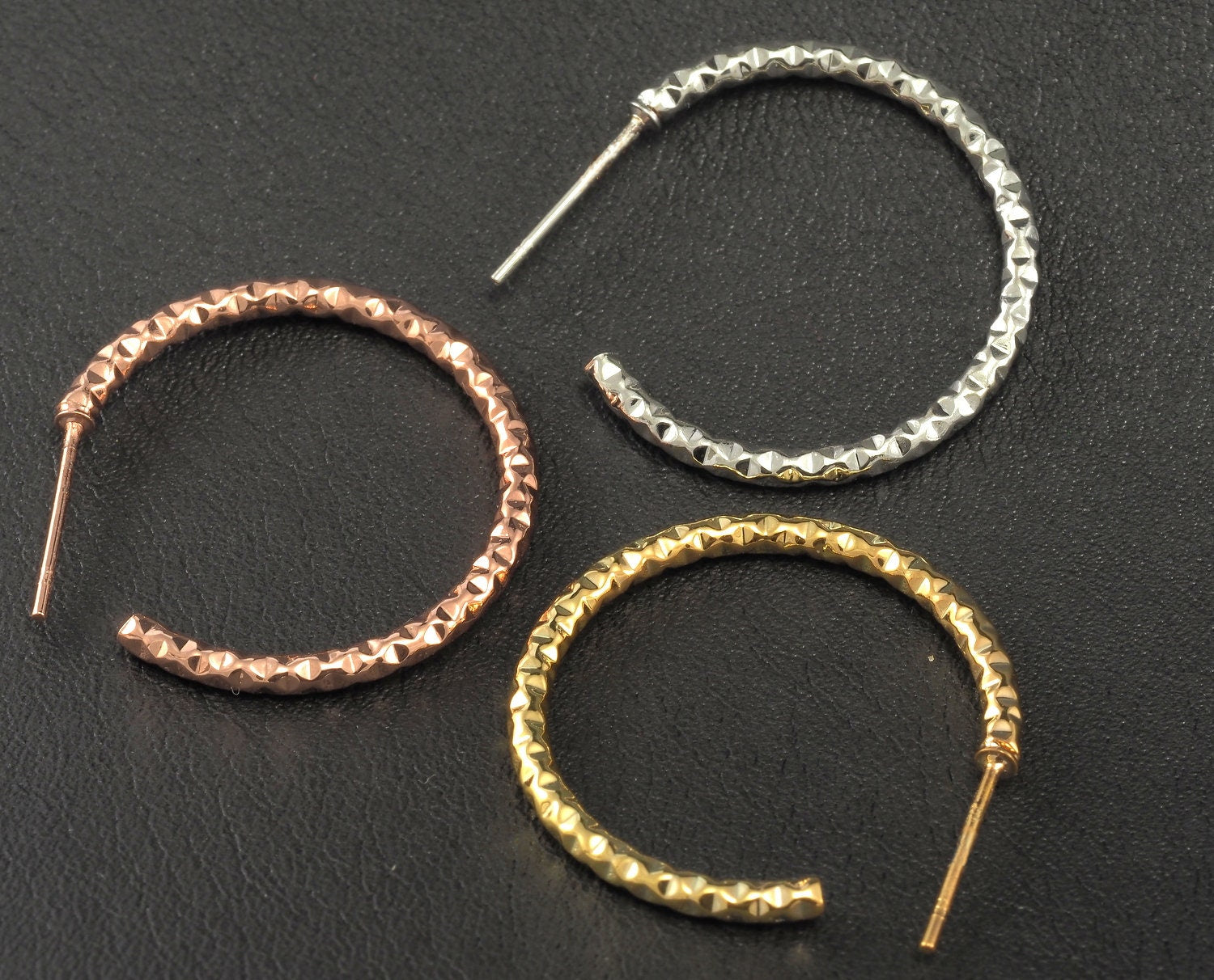 Hoop Earrings Stud textured (Silver, Gold, Rose gold) plated brass round earring Posts, 20mm