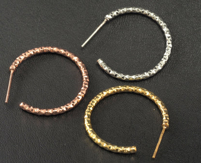 Hoop Earrings Stud textured (Silver, Gold, Rose gold) plated brass round earring Posts, 20mm