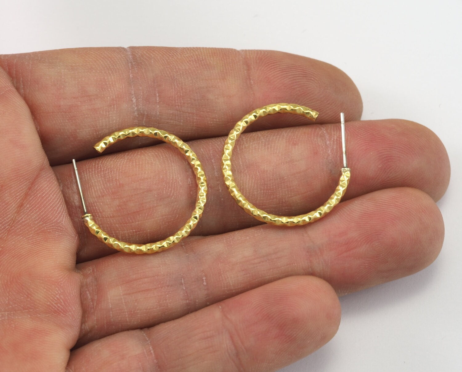 Hoop Earrings Stud, Raw brass , textured 25mm 