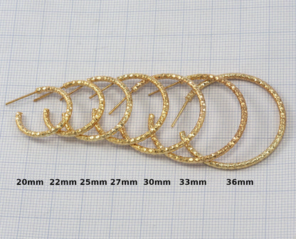 Hoop Earrings Stud textured (Silver, Gold, Rose gold) plated brass round earring Posts, 20mm