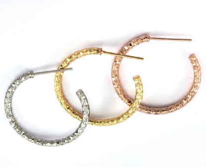 Hoop Earrings Stud textured (Silver, Gold, Rose gold) plated brass round earring Posts, 20mm