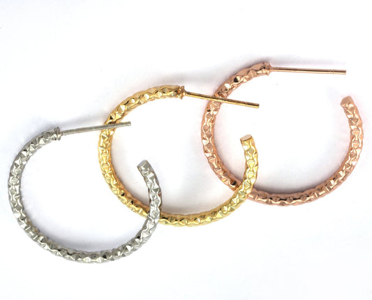 Hoop Stud Earrings textured (Silver, Gold, Rose gold) plated brass round earring Posts, 25mm